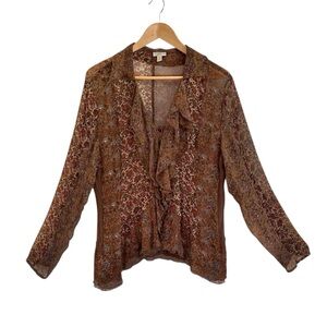 J. Jill Silk Floral Print Brown Ruffle Front Button Up Blouse Lrg TALL Cottage